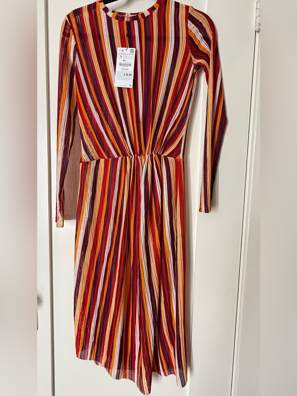 Striped Long Sleeve Midi Dress In Red, Orange & White